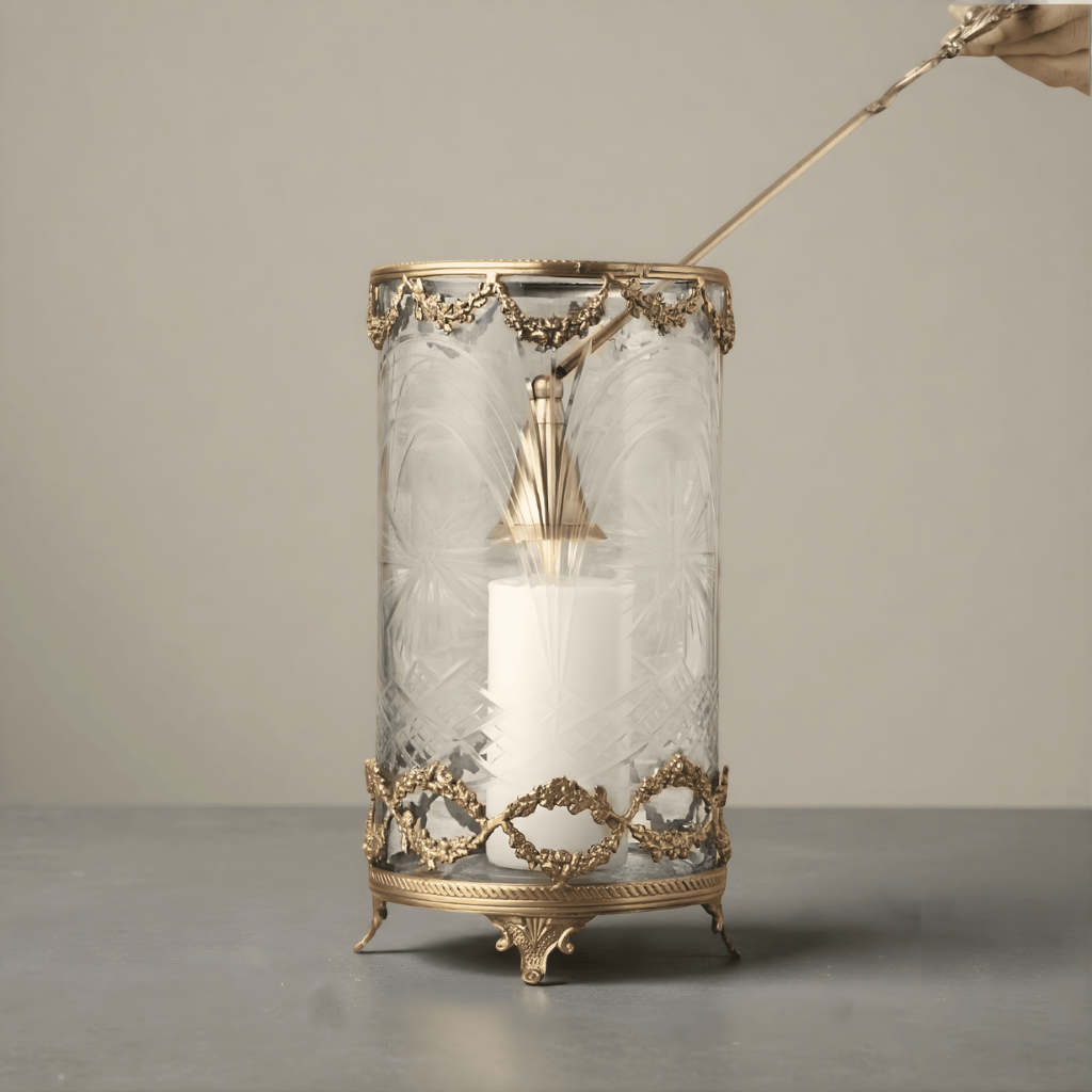 Victorian Brass Hurricane and Candle Snuffer Set