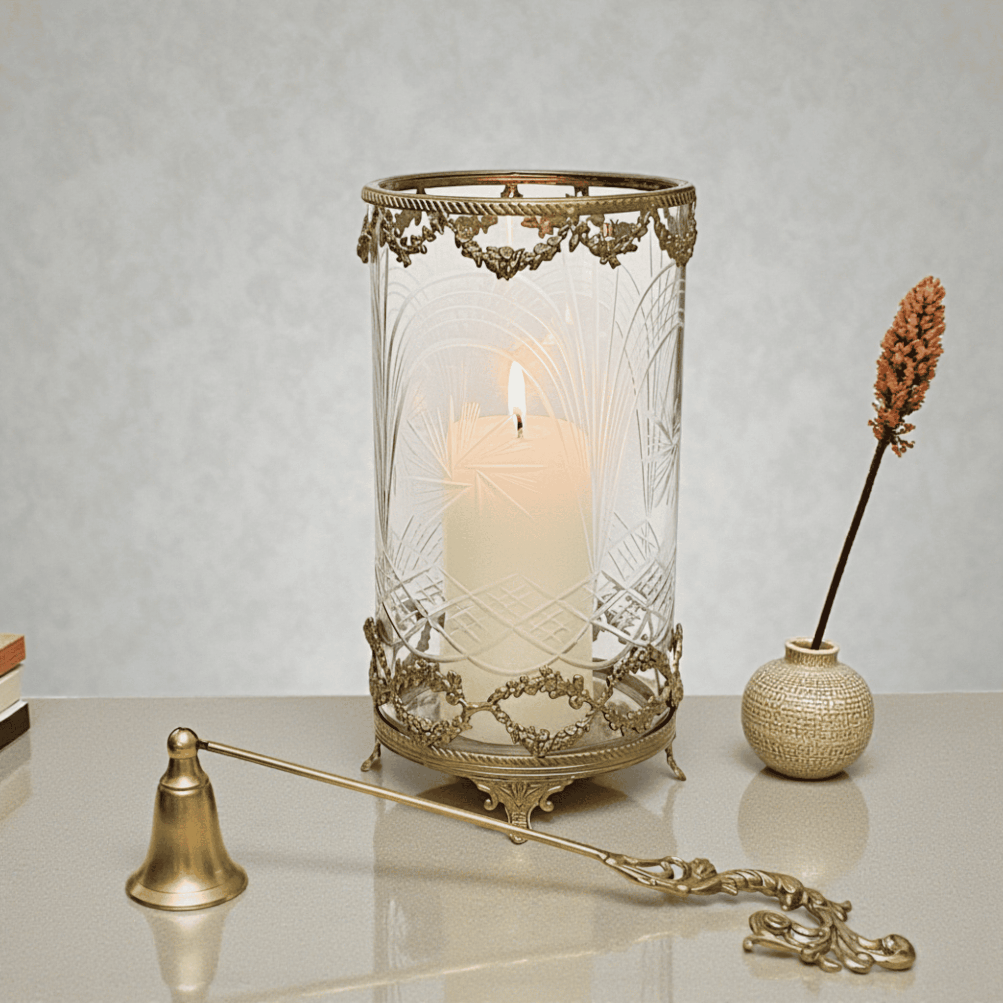 Victorian Brass Hurricane and Candle Snuffer Set