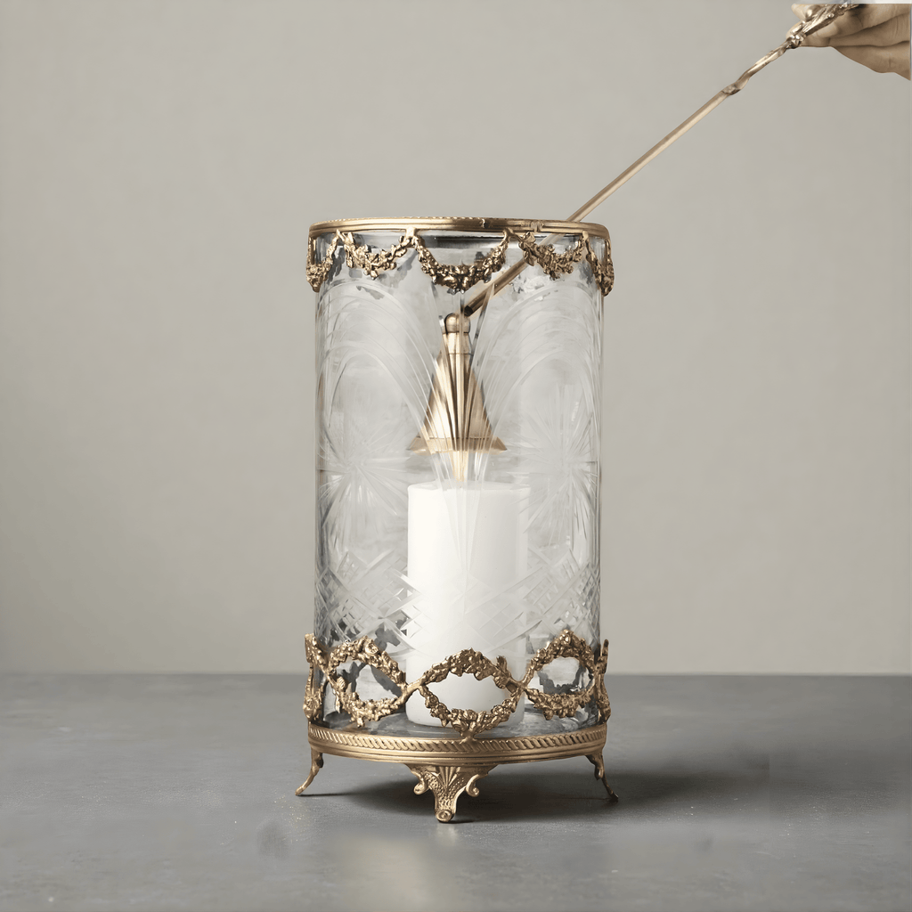 Victorian Brass Hurricane and Candle Snuffer Set