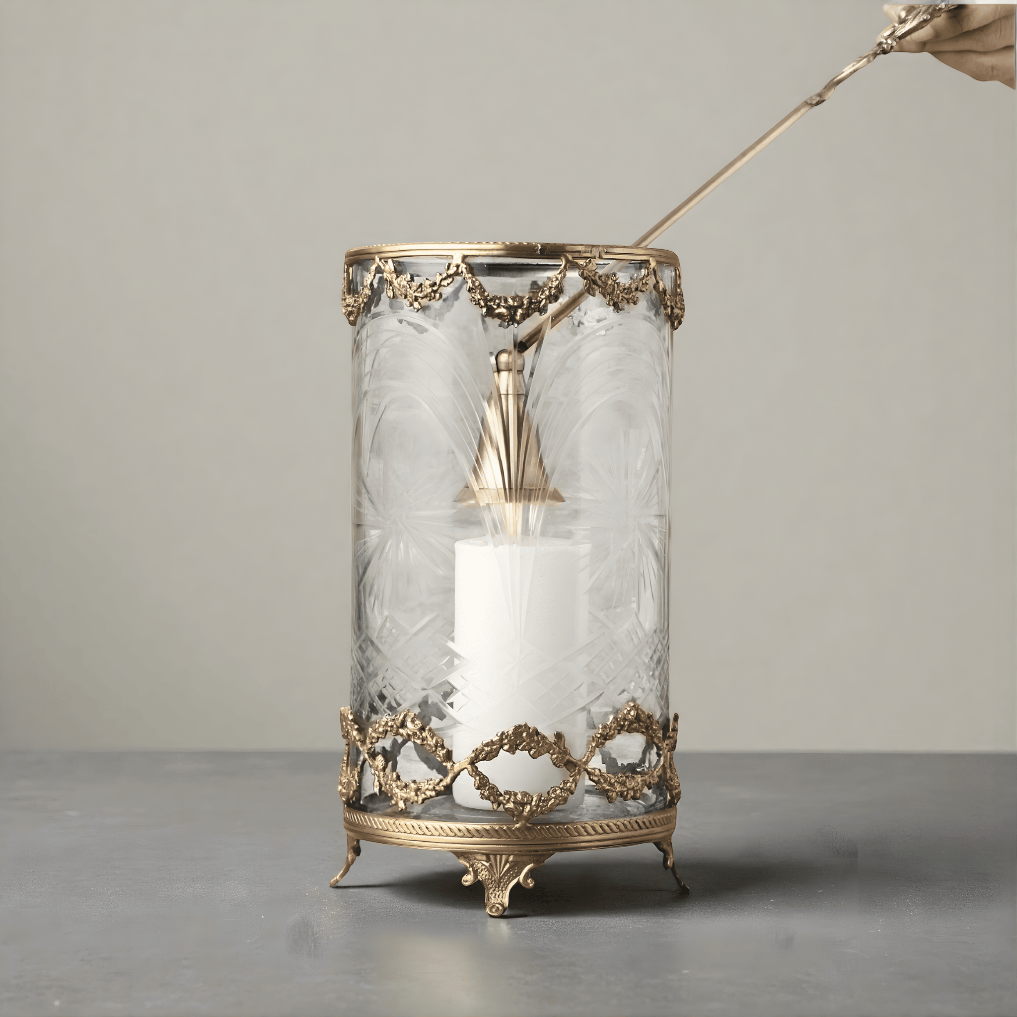 Victorian Brass Hurricane and Candle Snuffer Set