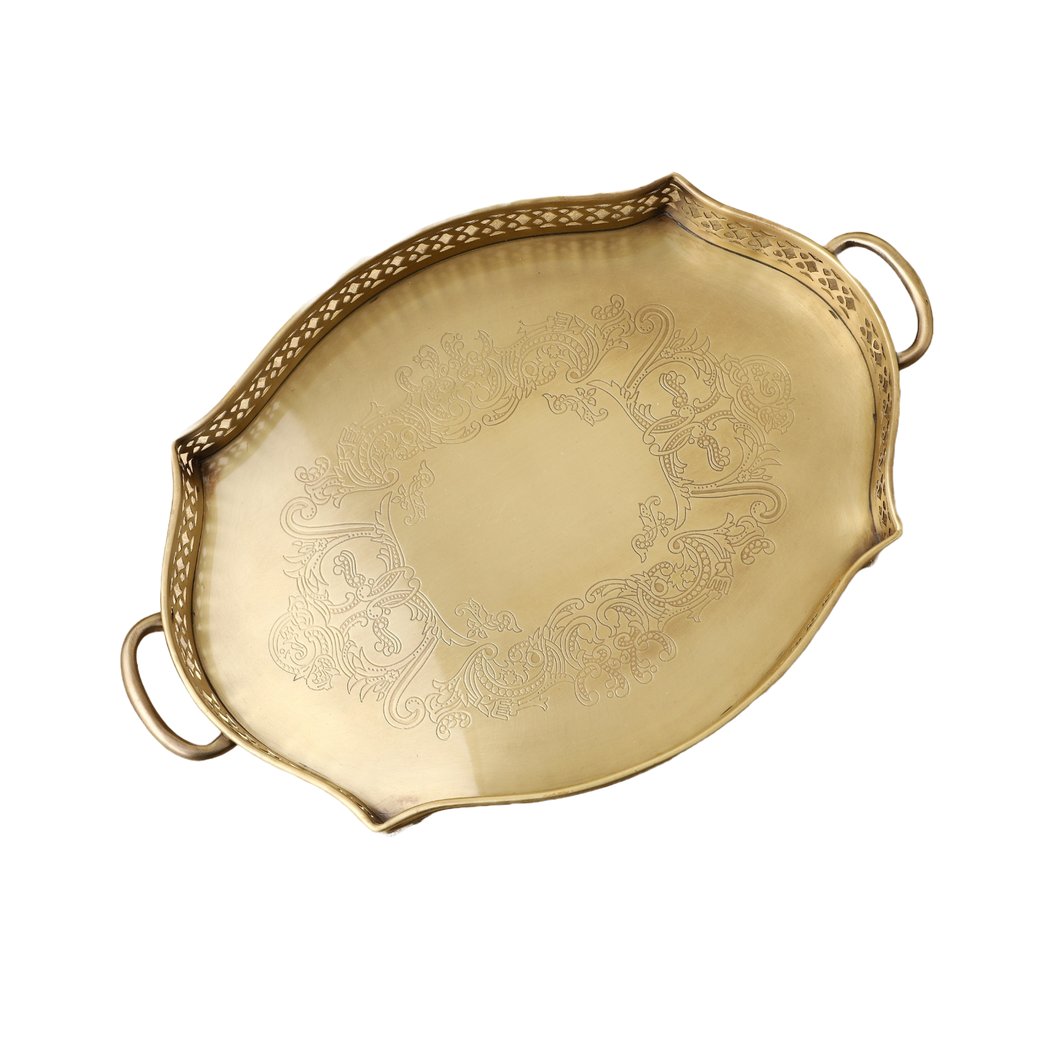 Antique brass tray with engraved center and elevated feet for tabletop styling